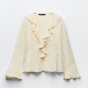 ZARA Ruffled Jacquard Blouse Ecru Ivory Cream Romantic